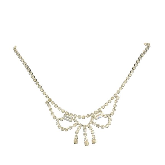 Vintage Rhinestone Necklace With Bow Design & Box Clasp 15" - Picture 5 of 7